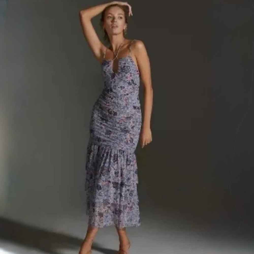 Anthropologie MISA Nicola Floral Mesh Halter Midi Dress Blue Size XS NWT